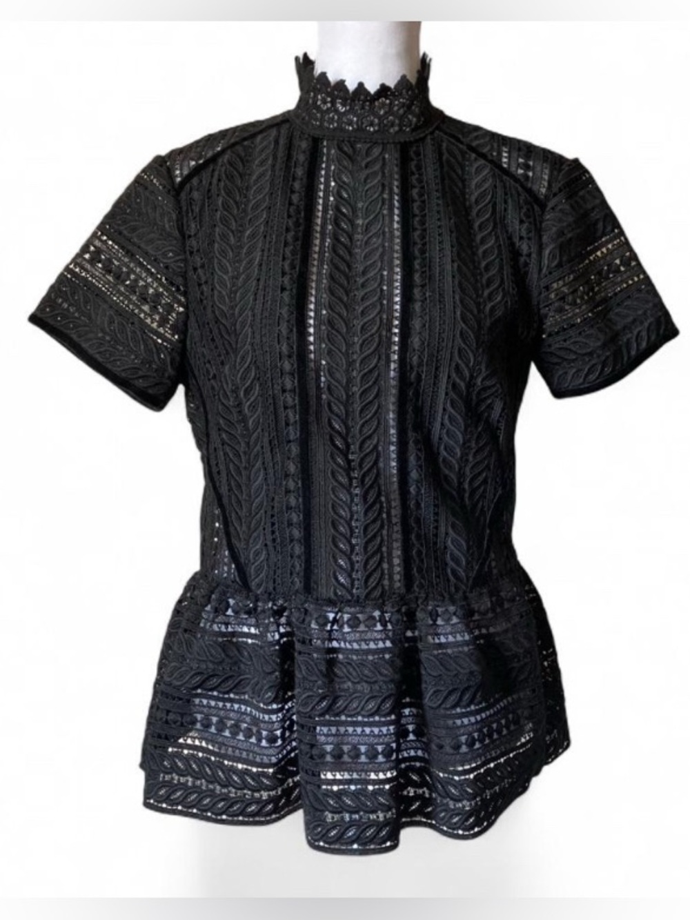 Perseverance London Black Lace Victorian High Neck Peplum Blouse Size 10 - Picture 2 of 11